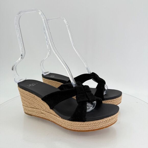 UGG Niyomee Espadrille Wedge Sandal Women's Size 10 Black Suede Leather Slide - Picture 9 of 14